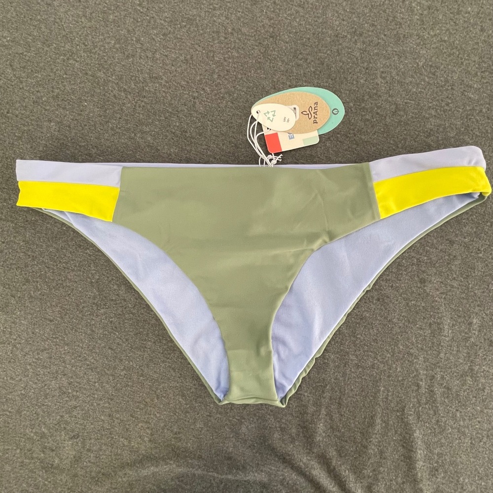 PrAna Women Olive Green Lavender Colorblock‎ Ruched Back Bikini Bottom Large NWT